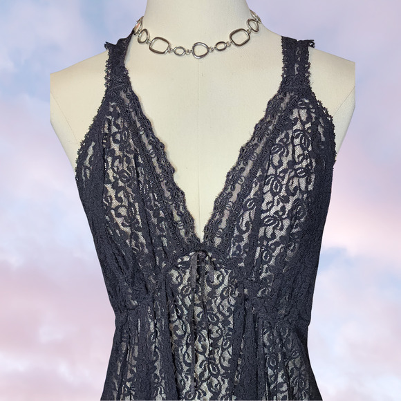 Black Sheer Lace Whimsi Gothic V-Neck Frilly Grunge Boho Lingerie Slip Dress - Picture 2 of 6